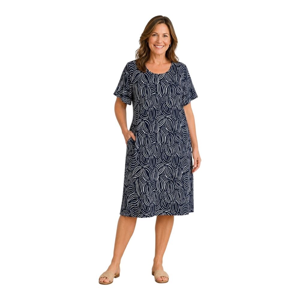 CHICO'S 3 Women's XL Midi Shift Dress Navy Blue White Swirls Ruffle Elbow Sleeve